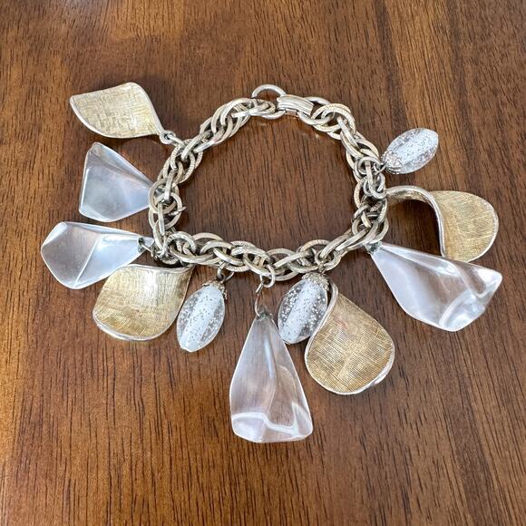 Coro 1960s Charm Bracelet Lucite Moon Rock Textured Gold Plate Double Link - Picture 3 of 12